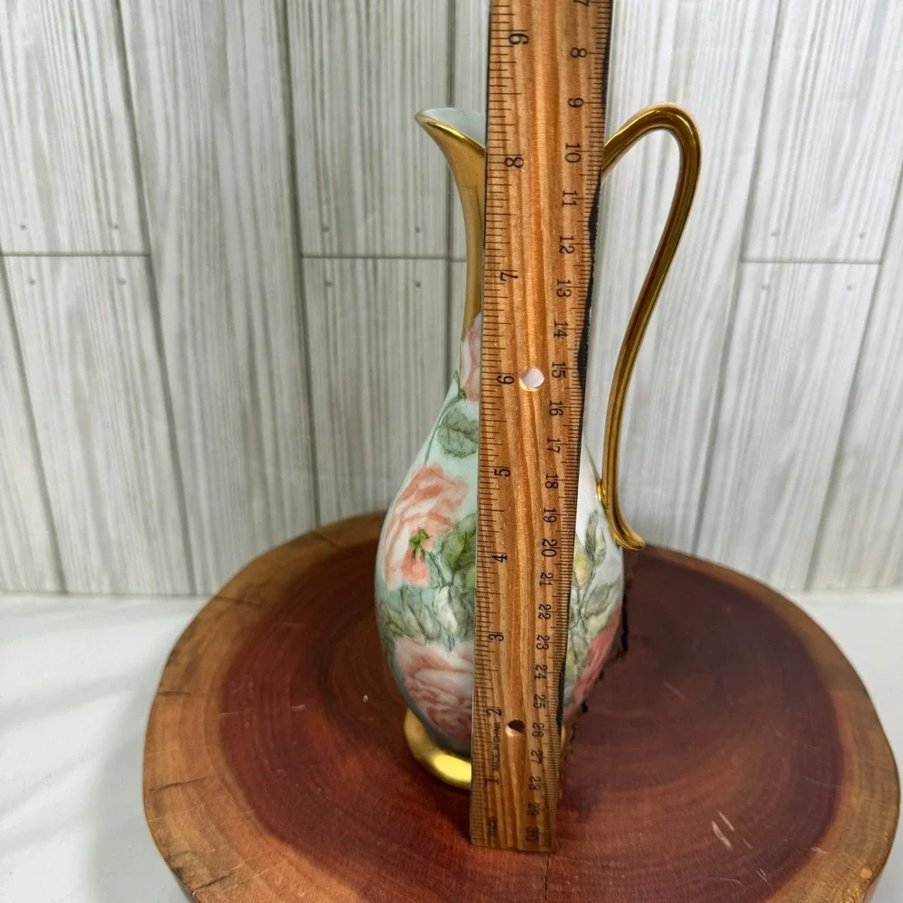 Vtg 1975 A.C. Perry Hand Painted Porcelain Rose Ewer Pitcher Bud Vase Gold Trim